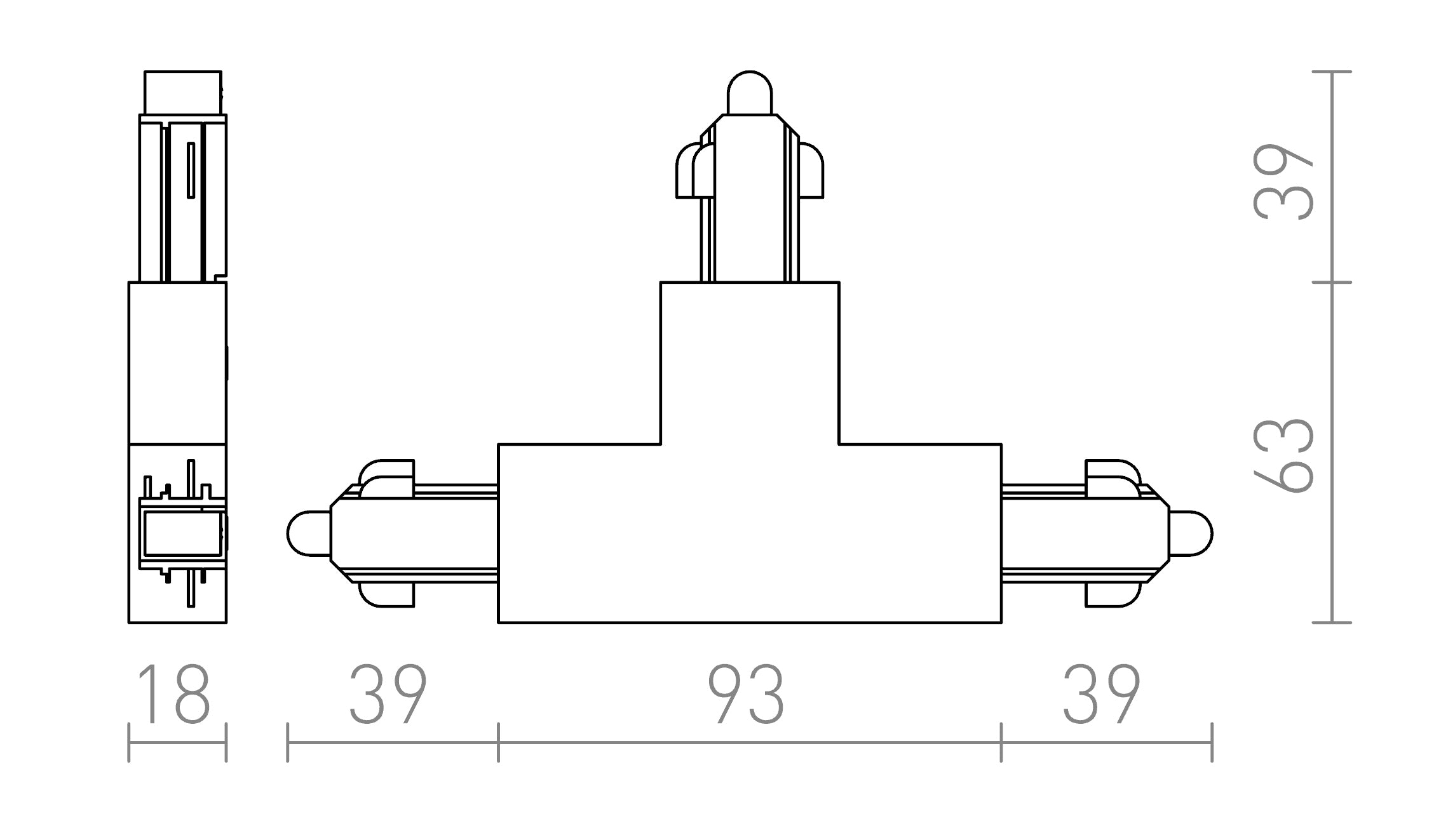 T CONECTOR CU 1-CIRCUIT PE ȘINĂ DREPT - Product sketch