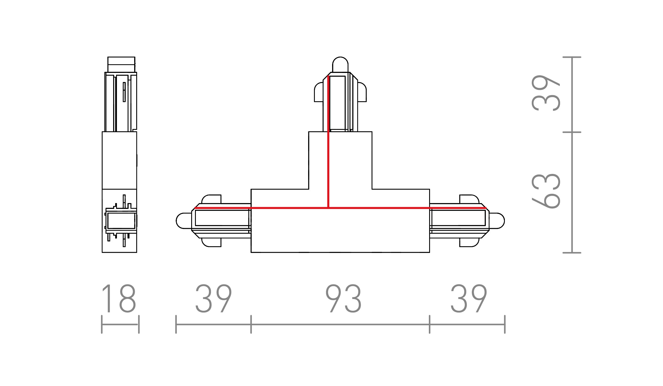 T CONECTOR CU 1-CIRCUIT PE ȘINĂ DREPT - Product sketch